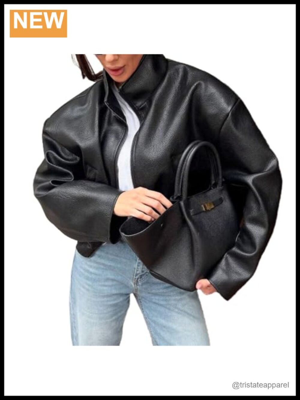 Faux Leather Motorcycle Jacket Women Stand Collar Zip Bomber Coat